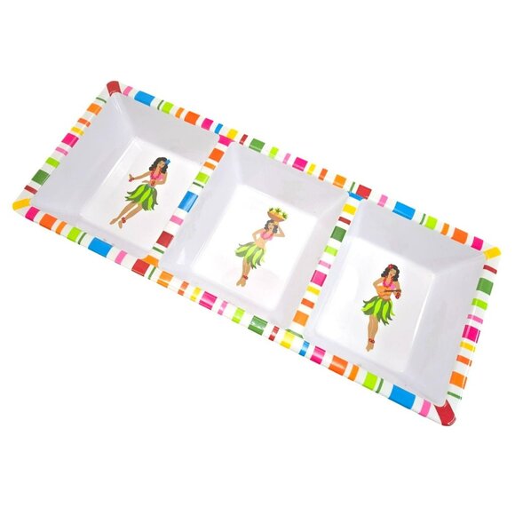 Hula Girl Divided Serving Tray Colorful Striped Border Heavy Melamine DH1367 - Picture 1 of 9